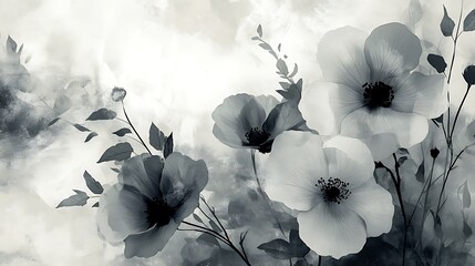 Abstract black and white floral collage, layered outlines of various flowers, soft overlapping textures, pale gray backdrop, artistic and modern. Created Using: mixed media, abstract art, Procreate,