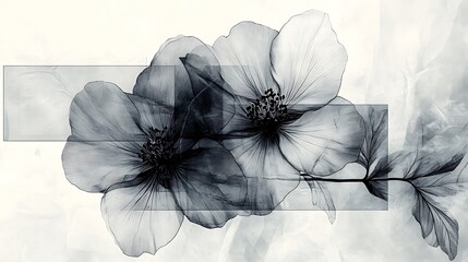 Abstract black and white floral collage, layered outlines of various flowers, soft overlapping textures, pale gray backdrop, artistic and modern. Created Using: mixed media, abstract art, Procreate,