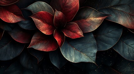 Abstract dark botanical composition, layered deep green leaves, burgundy petals blending into black background, soft golden specks adding a hint of luxury. Created Using: mixed media, abstract art,