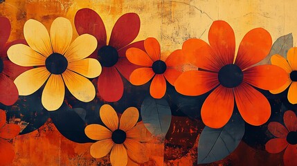 Abstract 70s floral collage, bold flat flowers overlapping in orange, yellow, and brown, on a textured canvas backdrop, playful and artsy vibe. Created Using: mixed media, retro collage, Photoshop,