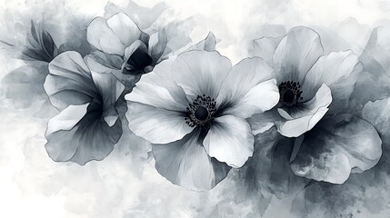 Abstract black and white floral collage, layered outlines of various flowers, soft overlapping textures, pale gray backdrop, artistic and modern. Created Using: mixed media, abstract art, Procreate,