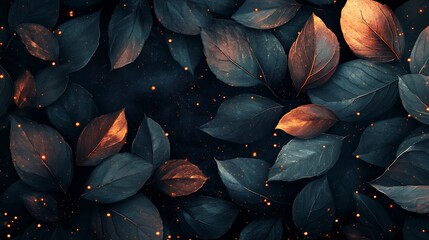 Abstract dark botanical composition, layered deep green leaves, burgundy petals blending into black background, soft golden specks adding a hint of luxury. Created Using: mixed media, abstract art,