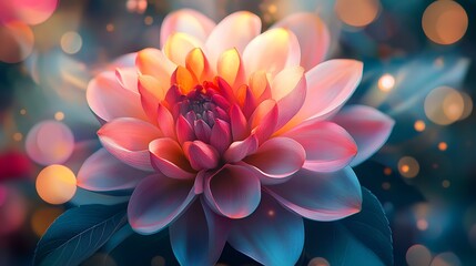 Abstract digital floral art, swirling gradients and geometric petals, radiant color bursts of cyan, magenta, and yellow, futuristic and dreamy atmosphere. Created Using: digital art,