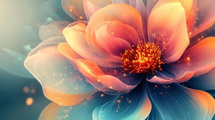 Abstract digital floral art, swirling gradients and geometric petals, radiant color bursts of cyan, magenta, and yellow, futuristic and dreamy atmosphere. Created Using: digital art,