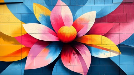Fototapeta premium Abstract floral mural, giant flower shapes in hot pink, electric blue, and sunny yellow, bold geometric lines, street art-inspired, playful urban vibe. Created Using: mural art, street style,