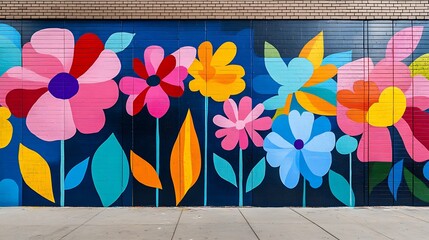 Abstract floral mural, giant flower shapes in hot pink, electric blue, and sunny yellow, bold geometric lines, street art-inspired, playful urban vibe. Created Using: mural art, street style,