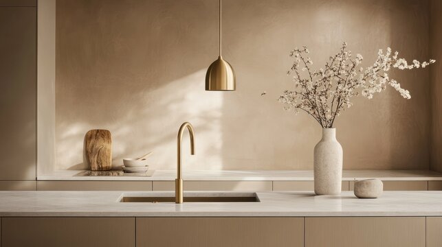 Minimalist kitchen scene with brass faucet, pendant light, and beige decor - Powered by Adobe