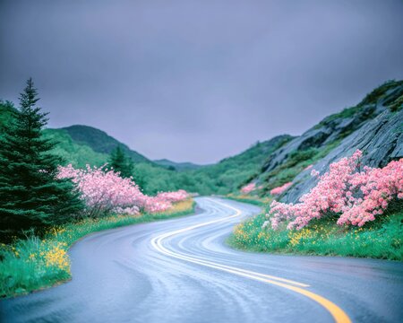 Winding road through a mountain valley filled with flowers