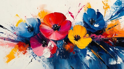 Abstract floral shapes in bold splashes of color, geometric patterns layered into the composition, vivid reds, blues, and yellows, with dynamic brush strokes across a white background.