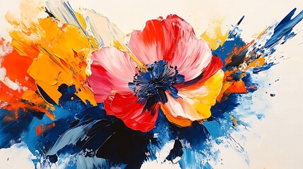 Abstract floral shapes in bold splashes of color, geometric patterns layered into the composition, vivid reds, blues, and yellows, with dynamic brush strokes across a white background.