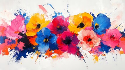 Abstract floral shapes in bold splashes of color, geometric patterns layered into the composition, vivid reds, blues, and yellows, with dynamic brush strokes across a white background.