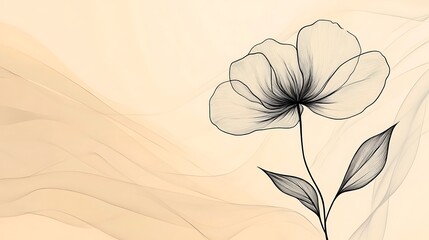 Abstract minimal line art of a flower and leaf, black continuous line on soft pastel background, modern and refined. Created Using: digital illustration, minimalism, Procreate, clean lines,