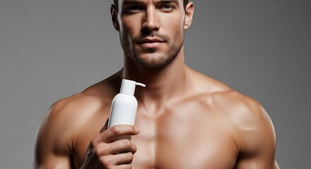 Fototapeta premium Handsome Muscular Man Holding a White Bottle of Skincare Product