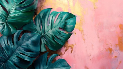 Abstract tropical leaf collage, banana and monstera leaves in exaggerated green tones, layered with gold accents over a soft pink background, artistic and modern. Created Using: mixed media art,