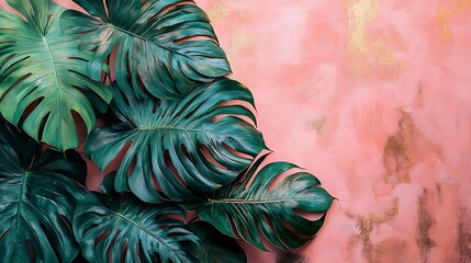 Abstract tropical leaf collage, banana and monstera leaves in exaggerated green tones, layered with gold accents over a soft pink background, artistic and modern. Created Using: mixed media art,