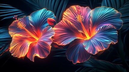 Abstract tropical paradise, swirling neon hibiscus and orchid shapes, palm leaf silhouettes, glowing against a dark background, artistic and energetic. Created Using: digital abstract art,