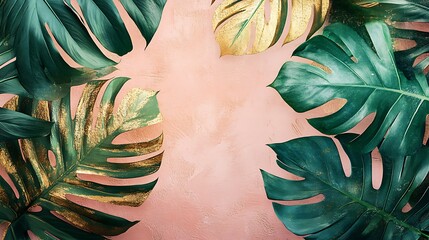 Abstract tropical leaf collage, banana and monstera leaves in exaggerated green tones, layered with gold accents over a soft pink background, artistic and modern. Created Using: mixed media art,