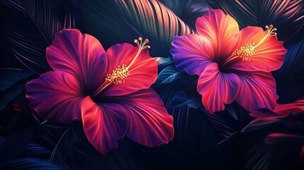 Abstract tropical paradise, swirling neon hibiscus and orchid shapes, palm leaf silhouettes, glowing against a dark background, artistic and energetic. Created Using: digital abstract art,