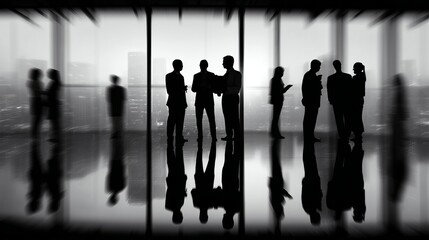Silhouette of business team in meeting at sunset office setting