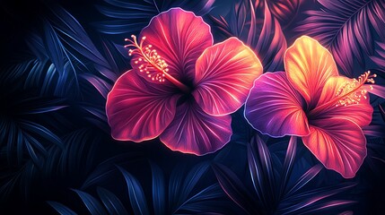 Abstract tropical paradise, swirling neon hibiscus and orchid shapes, palm leaf silhouettes, glowing against a dark background, artistic and energetic. Created Using: digital abstract art,