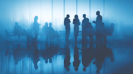 Silhouette of business team in meeting at sunset office setting