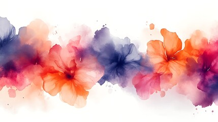 Abstract watercolor floral, fluid splashes of orange, fuchsia, and indigo forming loose blooms, soft gradients blending into white space, delicate yet expressive. Created Using: watercolor painting,