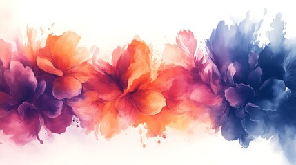 Abstract watercolor floral, fluid splashes of orange, fuchsia, and indigo forming loose blooms, soft gradients blending into white space, delicate yet expressive. Created Using: watercolor painting,