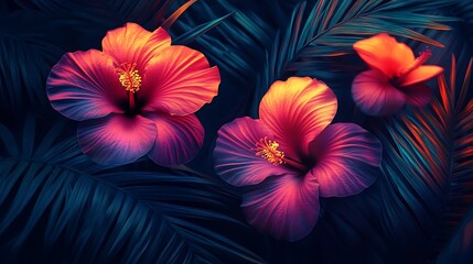 Abstract tropical paradise, swirling neon hibiscus and orchid shapes, palm leaf silhouettes, glowing against a dark background, artistic and energetic. Created Using: digital abstract art,
