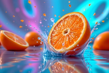 surreal scene with exaggerated, glowing splash effects around the orange slice, vibrant and surreal contrasts