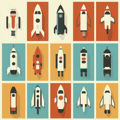 Colorful Rocket and Spaceship Collection in Minimalist Style for Creative Projects and Illustrations