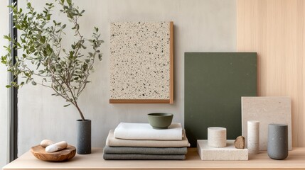 Minimalist styled interior design flatlay showcasing earthy tones and textures;  natural materials and neutral colors