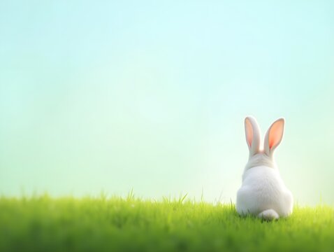 Back view of white rabbit with long ears sitting on green hill. Easter banner with copy space.