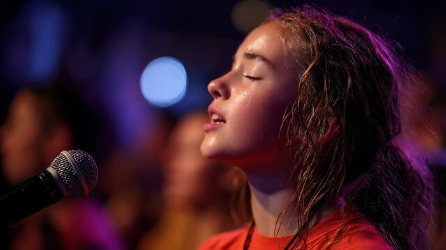 A closeup of a young girl, tears streaming down her face as she participates in an emotional song, pouring her heart out to God and finding solace in the love of the community around