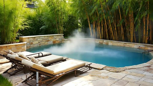 Serene backyard pool scene with lounge chairs surrounded by lush bamboo and tranquil water