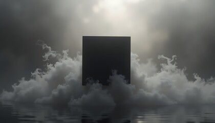 Conceptual dark cube amidst clouds, water reflection, atmospheric 3D render