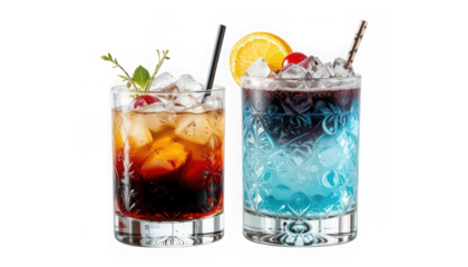 two beverages sit adjacent to each other in transparent, decorated glasses against a solid background