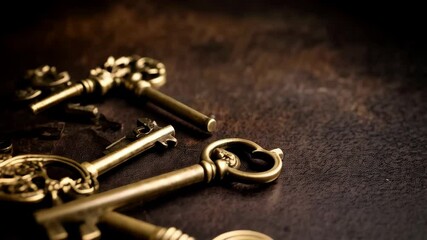 Close-up of antique gold padlock and decorative keys on a dark rustic surface, vintage security and mystery concepts - Powered by Adobe