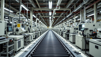 Modern manufacturing facility featuring long conveyor belt lined with machinery and equipment. environment is well lit, showcasing clean and organized workspace, ideal for efficient production