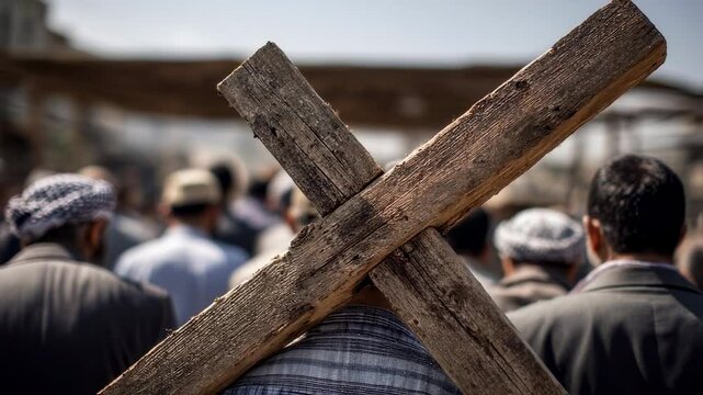 Concept photo of a cross being carried by a group of mourners, symbolizing the burden and grief of losing Christ and the hope of his return.
