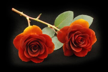 Two deep orange roses on black
