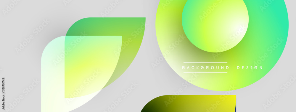 Poster abstract shapes overlap, creating vibrant gradients. light green, yellow hues dominate neutral backg
