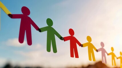 Colorful paper people chain symbolizing unity teamwork and connection against a soft sky background