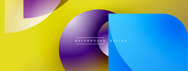 Abstract colorful shapes overlap. Yellow, purple, blue gradients create dynamic visual effect. Modern design elements present.