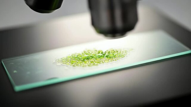 Close-up view of vibrant green cells or microorganisms on a microscope slide under a lens, showcasing biological research