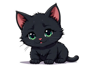 Obraz premium Adorable Black Kitten Cute Anime-Style Illustration of a Playful, Sweet, and Charming Little Black Cat