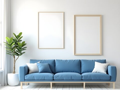 Mock up poster frame on the wall in a modern living room with blue sofa and potted