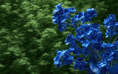 Vivid blue forget-me-nots against a green forest backdrop