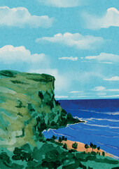 Watercolor Landscape of Tropical Coastal Cliffs and Ocean View hand drawn
