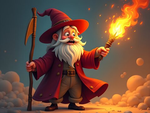 Cartoon wizard with a staff and fire
