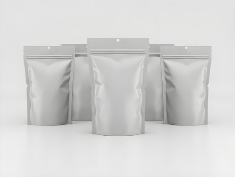 Display of Multiple Silver Stand-up Pouches for Food Packaging Mockup